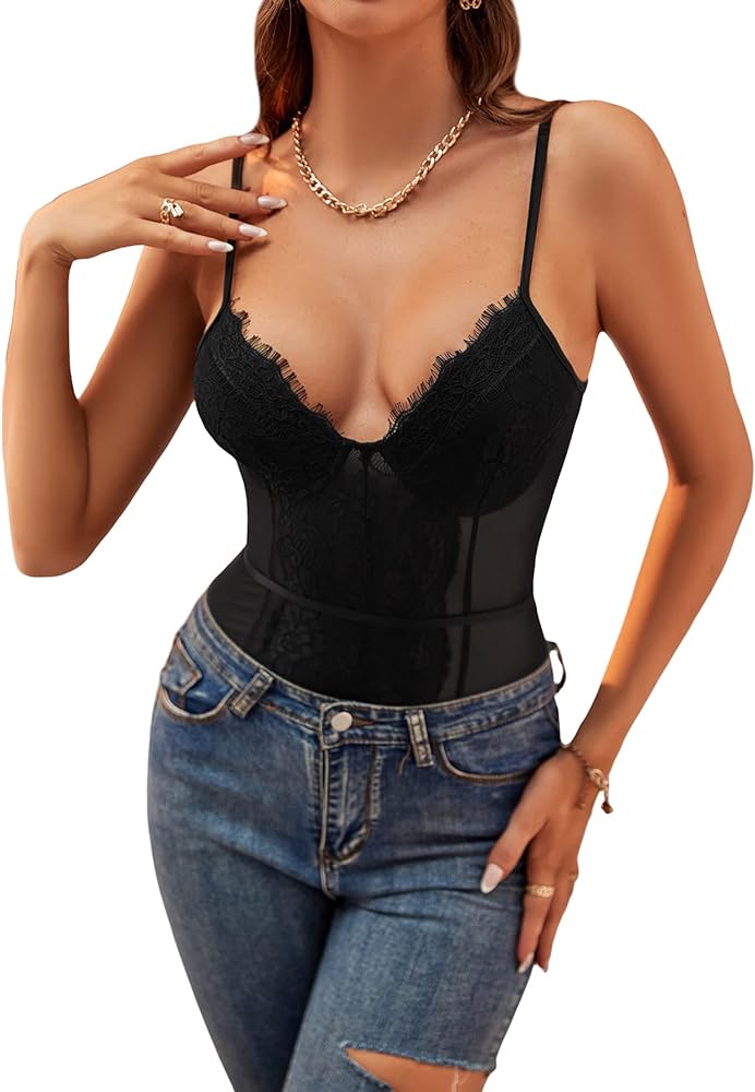 SHENHE Women's Floral Lace Spaghetti Strap Sleeveless Bustier Cami Bodysuit Tops Black Tall M