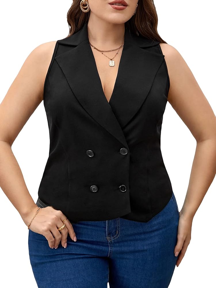 Floerns Women's Plus Size Lapel Collar Sleeveless Button Front Vest Blazer