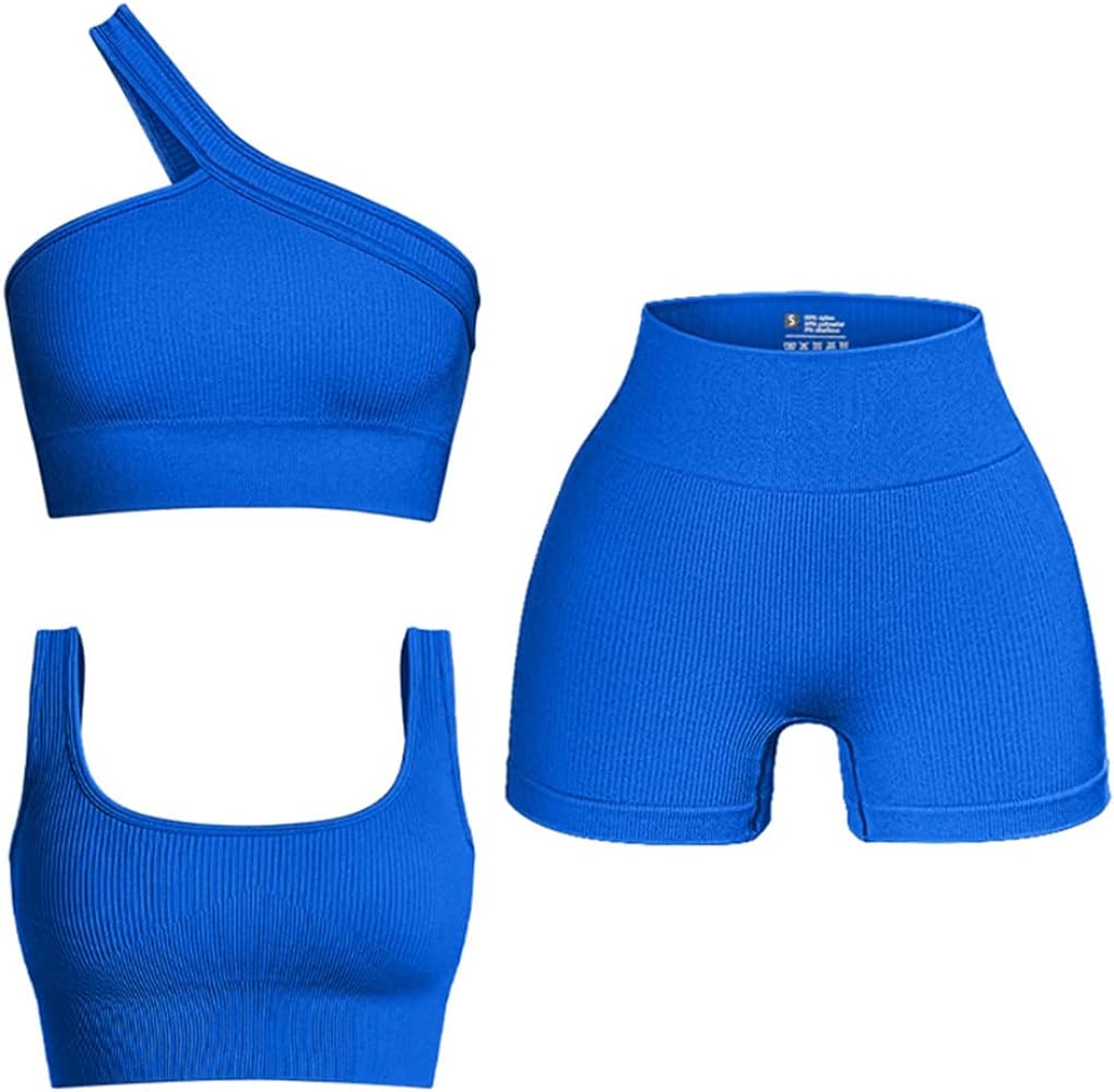 OQQ Women's 3 Piece Outfits Ribbed Seamless Exercise Scoop Neck Sports Bra One Shoulder Tops High Waist Shorts Active Set