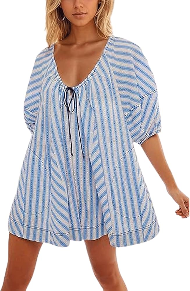 CHARTOU Women Summer Flowy Short Rompers Oversize Striped Puff Jumpsuit Short Sleeve Dress Romper Overalls