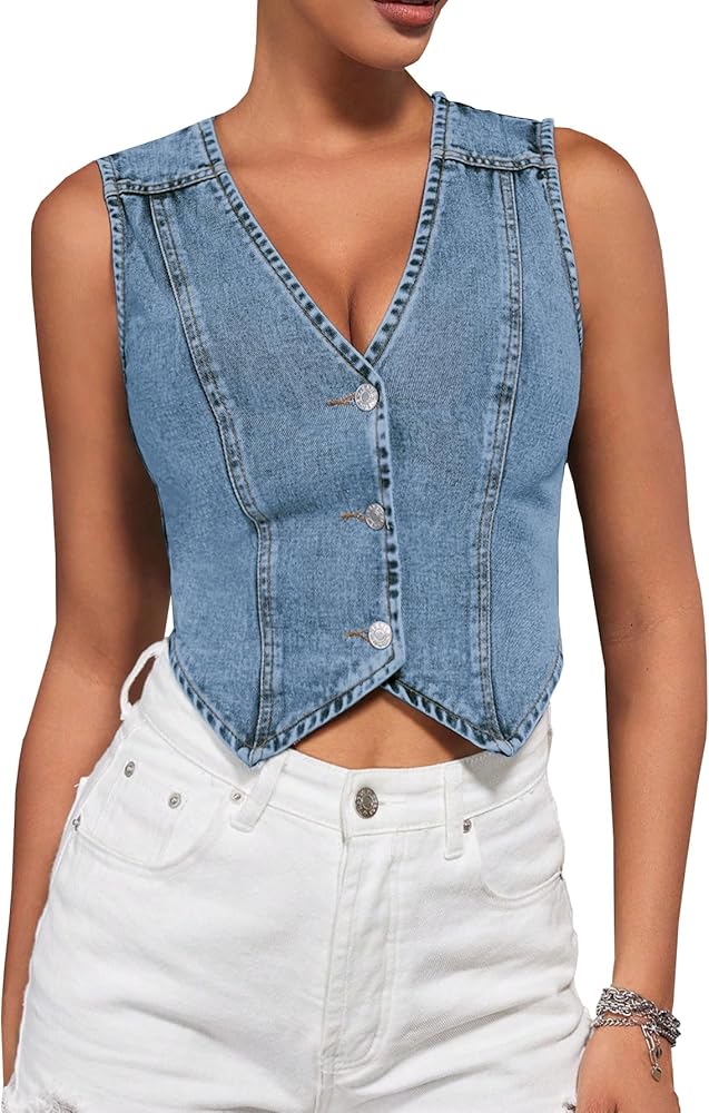 SHENHE Women's Button Down Denim Vest V Neck Cropped Jean Vest Top Y2K Sleeveless Jean Jacket