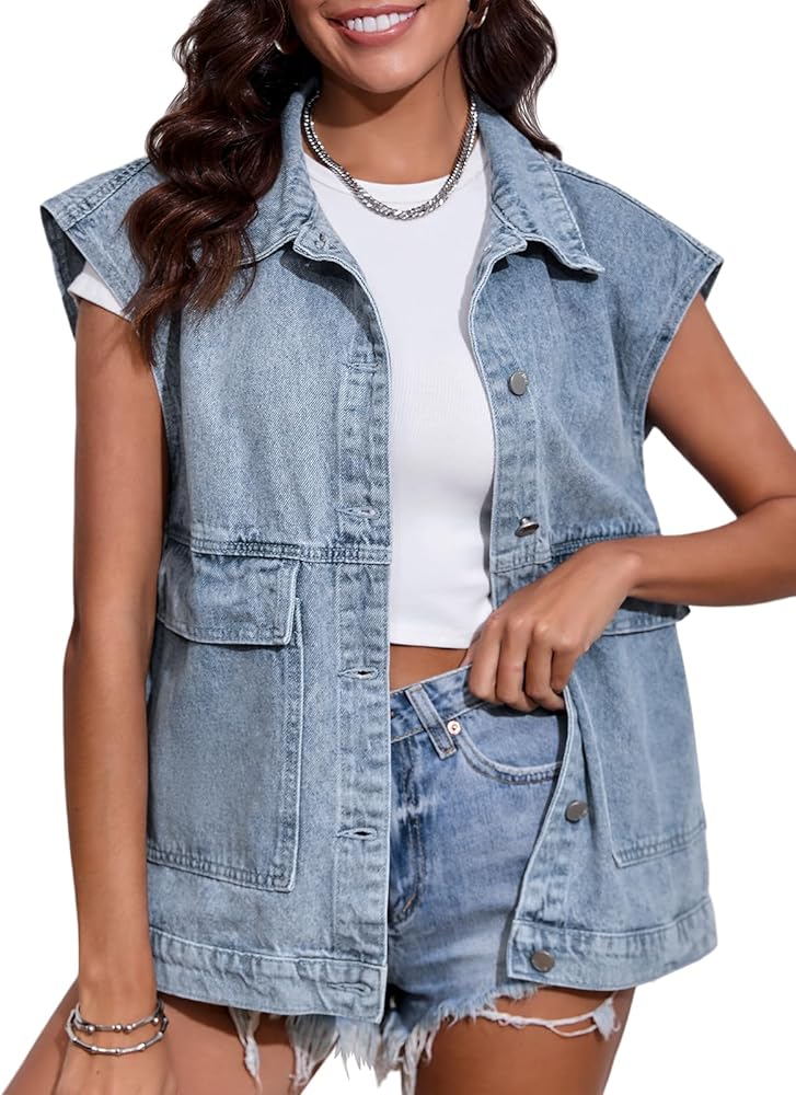 PLNOTME Women's Oversized Jean Vest Casual Denim Cap Sleeve Vest Trendy Sleeveless Jean Jacket