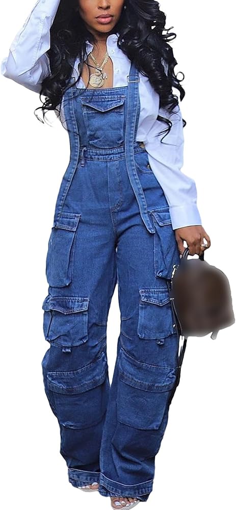 LETSVDO Women's Cargo Denim Overall Jumpsuit Wide Leg Bib Loose Baggy Stretch Casual Jean Overalls Romper Cargo Pants