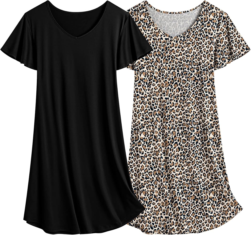 Ekouaer 2 Pack Nightgowns for Women Flare Short Sleeve Sleepshirt V Neck Sleepwear Pajama Dress S-2XL