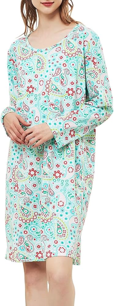 CHUNG Women's Cotton Nightgowns Long Sleeve Above Knee Vivid Print Nighties Sleepshirts Dress Sleepwear Autumn Winter