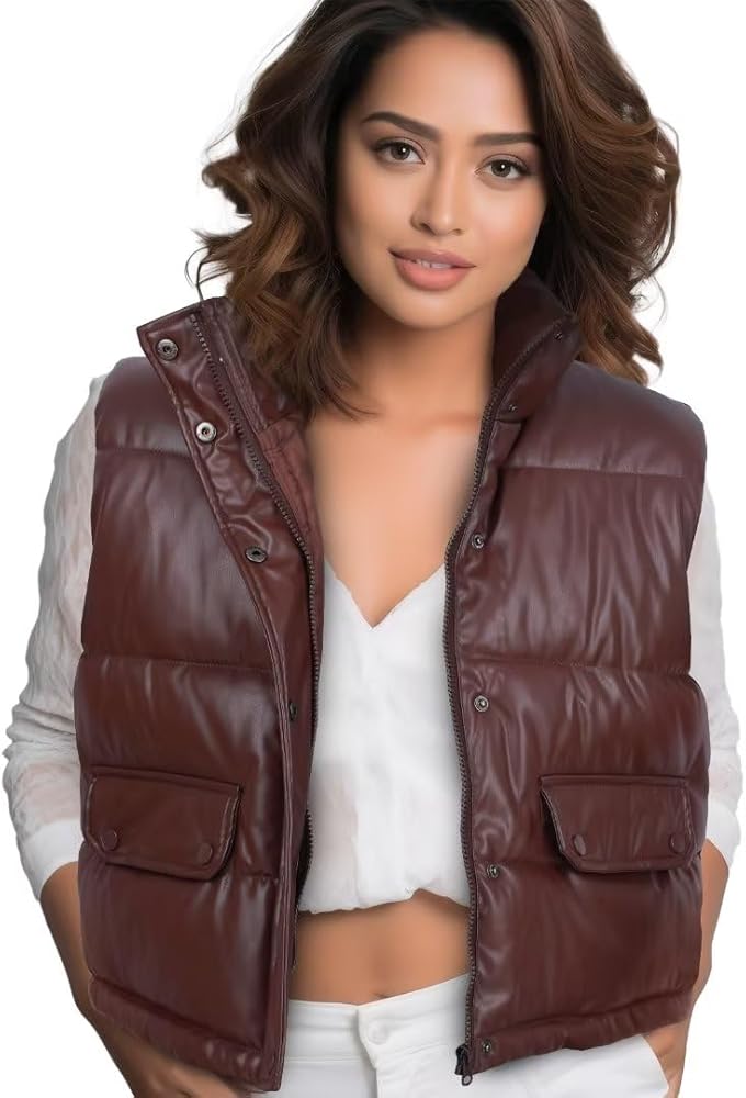 Fashion vests for women Faux Leather Puffer Vest Sleeveless Winter crop Jacket