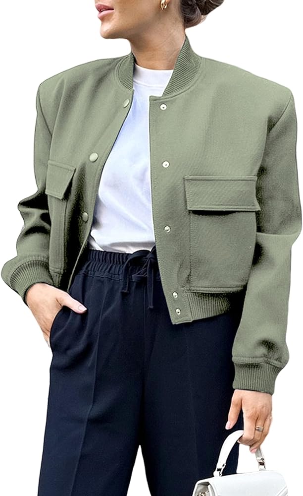 Women's Cropped Bomber Jacket Button Down Stand Collar Varsity Coats Outerwears with Pockets