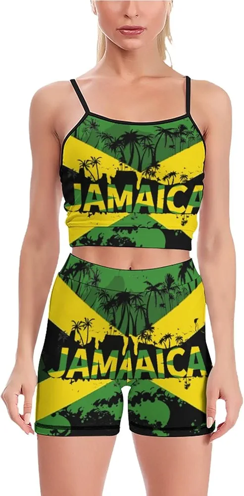 Ladies' Yoga Suite Jamaica Flag Women's Yoga Outfit,2 Piece Set Gym Clothes Sports Bra and Shorts Leggings Set M