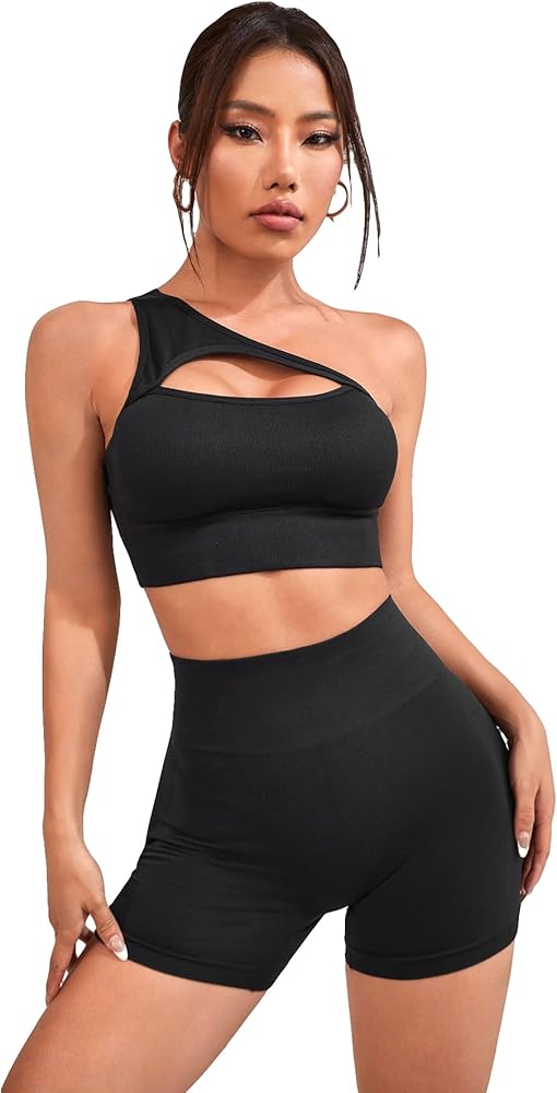 SHENHE Women's Ribbed Workout Set 2 Piece Seamless Cutout Sports Bra and Biker Shorts Set