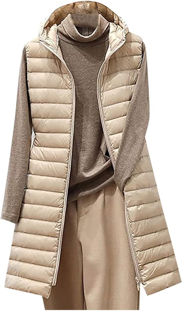 Women's Long Down Vest Sleeveless Hooded Jacket Winter Warm Vest Puffer Quilted Vest Zipper Coats Outdoor Plus Size