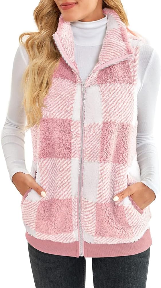 Womens Fashion Plaid Fleece Vest Casual Fuzzy Sleeveless Sherpa Vest Fluffy Zipper Jacket Warm Outerwear with Pockets