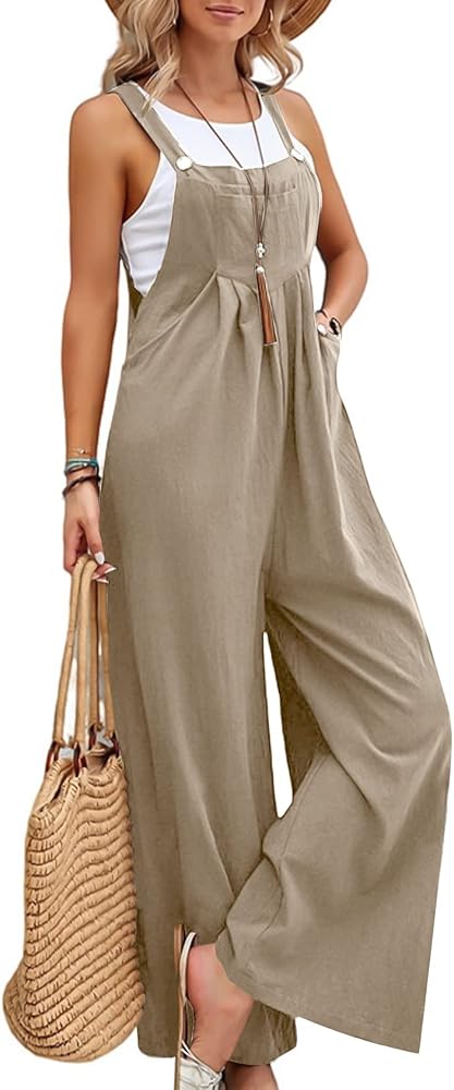 PEHMEA Women Overalls Wide Leg Jumpsuit with Pockets Baggy Casual Loose Linen Sleeveless Long Pants Romper