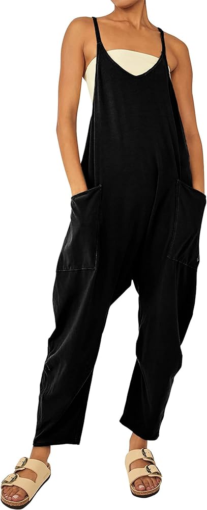 Women's Loose V Neck Sleeveless Spaghetti Strap Harem Pants Rompers Overalls Jumpsuits Jumpers with Pockets