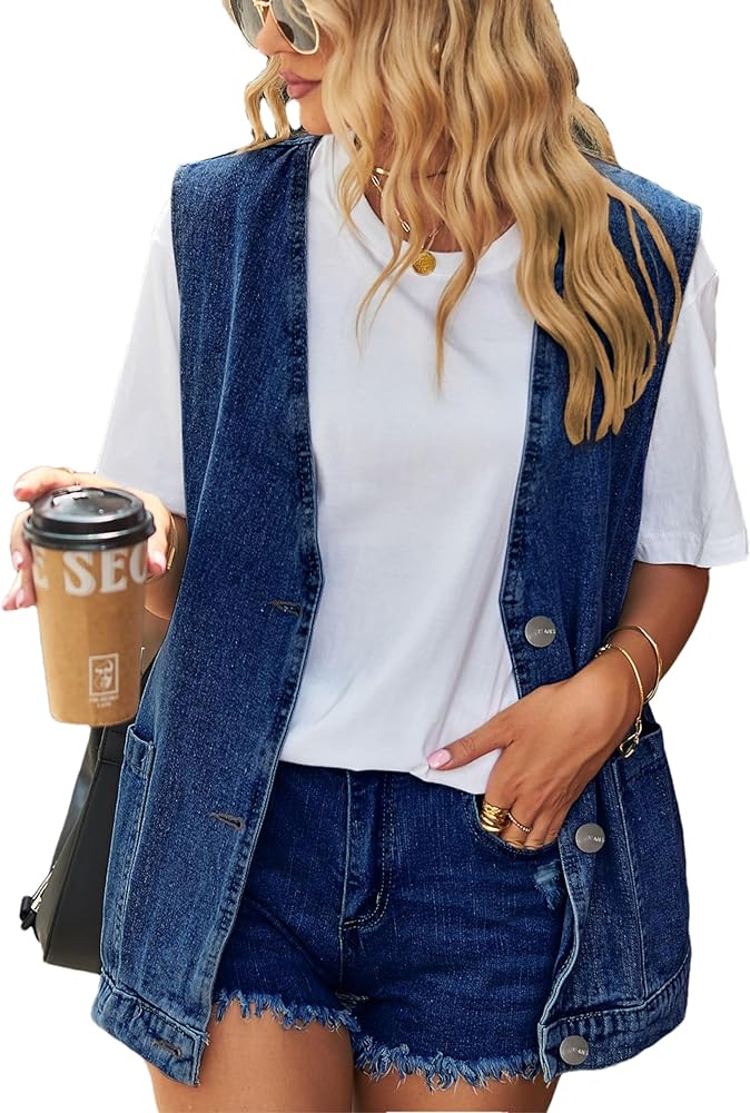 Womens Oversized Sleeveless Jean Denim Jacket Button Down Vest Top for Women Summer Waistcoat Jeans Vests Tops