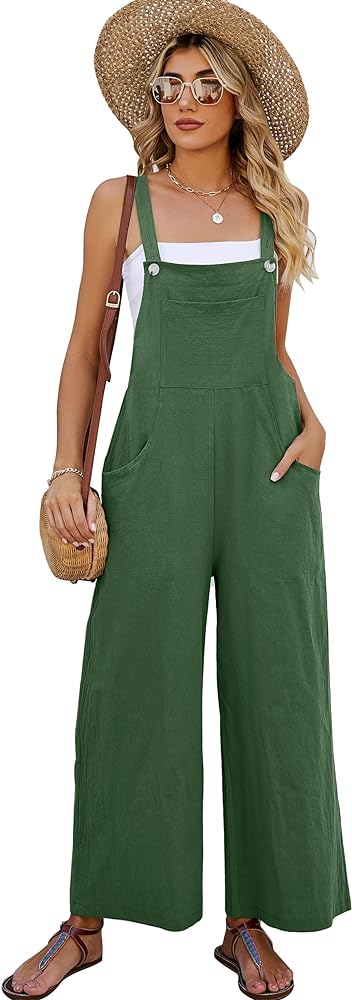 Flygo Women's Cotton Bib Overalls Loose Fit Wide Leg Jumpsuits Casual Rompers with Pockets(Green-3XL)