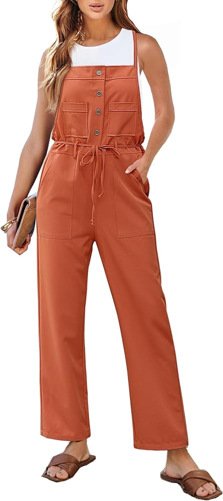 luvamia Jumpsuits for Women Dressy Casual Overalls Loose Fit Straight Leg Button Down Self Tied With Pockets