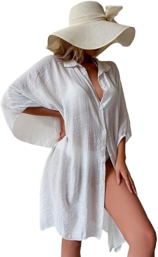 Womens Swimsuit Cover ups Casual Bathing Suit Cover Up for Women Open Front Loose Beachwear Button Down Collar