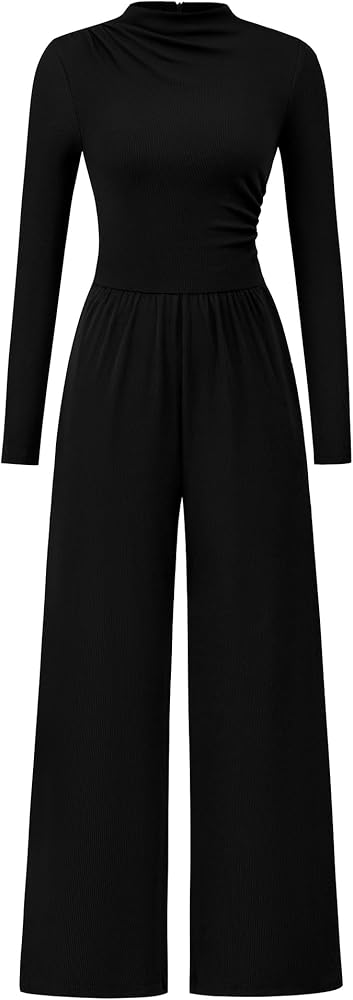 BTFBM Jumpsuits For Women Dressy Mock Neck Long Sleeve Ruched Ribbed Long Pants Rompers Casual Fall One Piece Jumpsuit