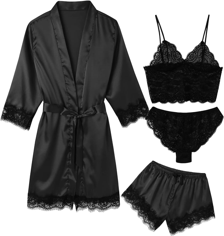 Women's Pajama Satin Sexy Lingerie Robe Set 4Pcs Pjs Silk Sleepwear Lace Cami Shorts Loungewear