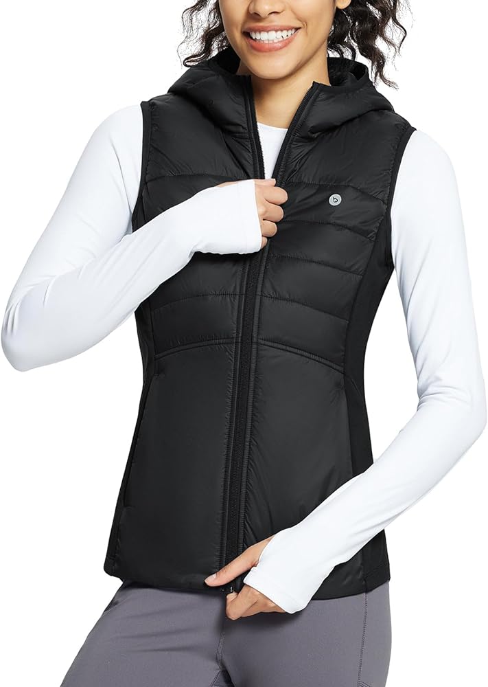 BALEAF Women's Puffer Vest Lightweight Hooded Slim Fit Running FLeece Lined Hybrid Sleeveless Warm up Winter