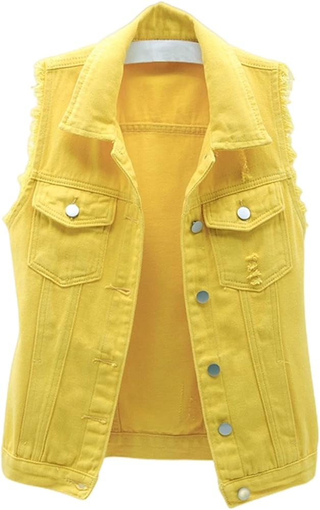 JiangWu Womens Crop Denim Vest Jacket Sleeveless Button Down Ripped Casual Waistcoat Jacket