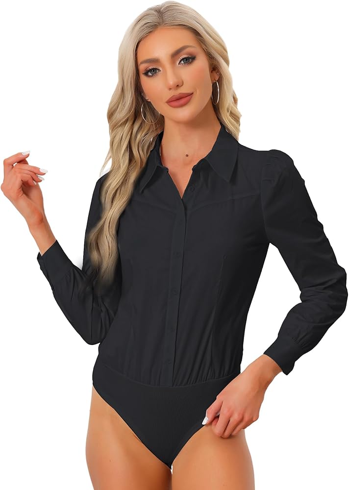 Allegra K Leotard Shirt for Women's Collared Business Casual Button Down Long Sleeves Bodysuit Top