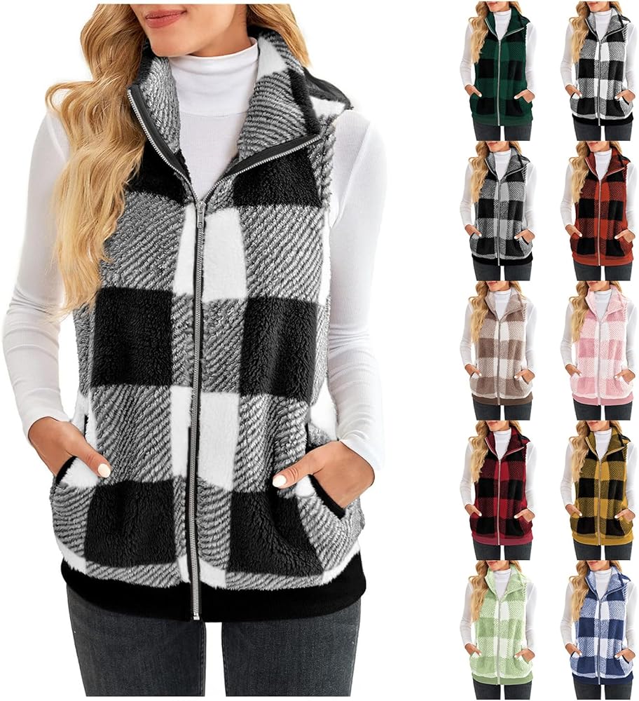 Womens Fall Plaid Vest Fuzzy Fleece Sleeveless Jackets Cozy Zip Up Cardigan Waistcoat Outerwear with Pocket