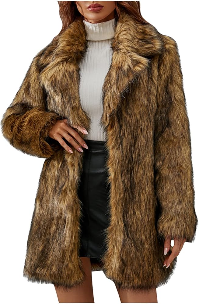 Womens Multicolor Faux Fur Coat Shaggy Jackets Long Sleeve Lapel Jacket Warm Fuzzy Cardigan Fluffy Outerwear