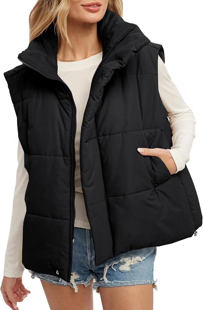 Fazortev Womens Oversized Puffer Vest Zip Up Stand Collar Sleeveless Padded Jacket Coat