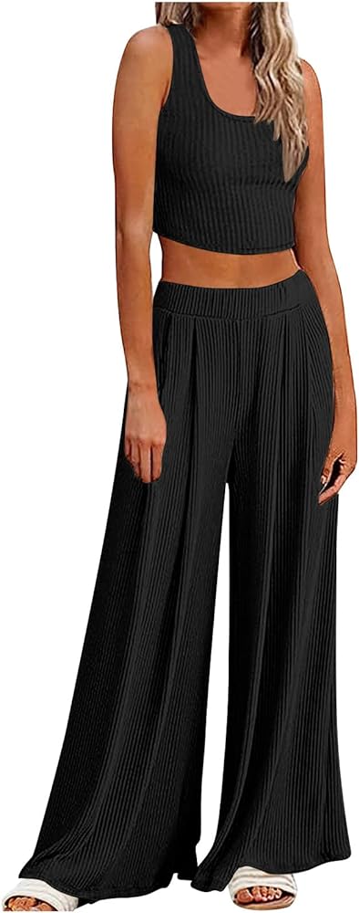 Vacation Outfits for Women Summer Sexy Casual 2 Piece Set Solid Crop Top and Wide Leg Pants Sets Travel Beach Outfit