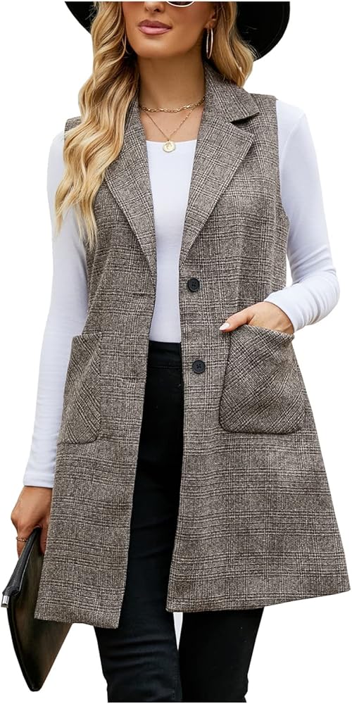 SCOFEEL Women's Long Cardigan Vest Casual Plaid Open Front Sleeveless Blazer Trench Coat Jacket