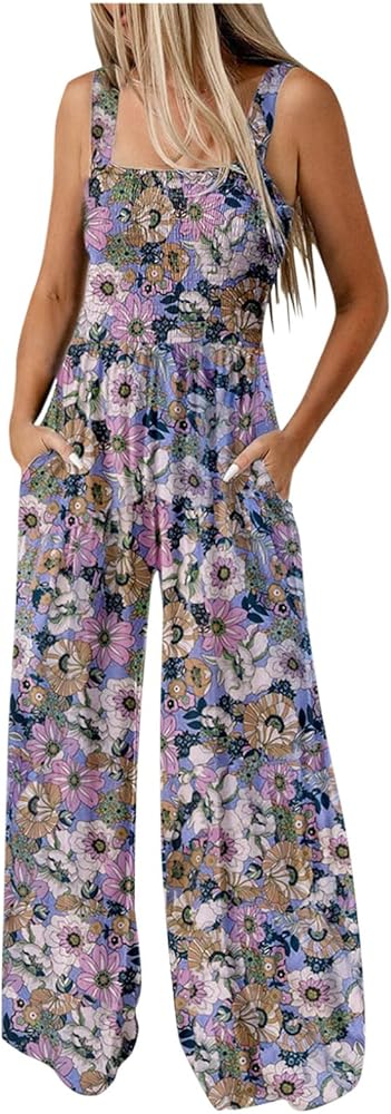 Women's Casual Loose Overalls Jumpsuits Sleeveless Boho Floral Wide Leg Long Pant Smocked Rompers with Pockets