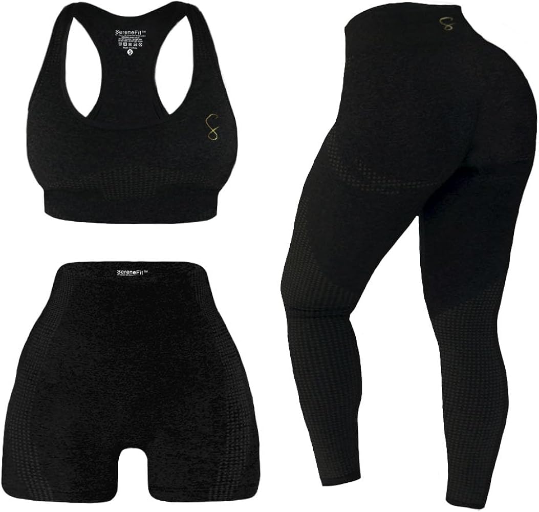 3 Piece Workout Sets For Women Seamless High Waisted Matching Exercise Leggings Shorts and Sports Bra Active Set