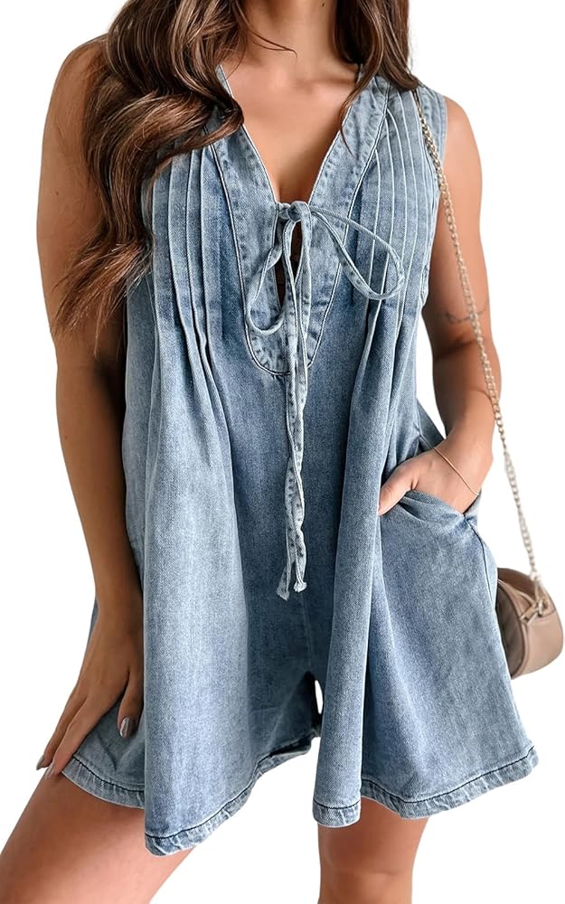 Womens Casual Sleeveless Tie Front Denim Romper Overall Shorts Summer Jean Romper With Pocket