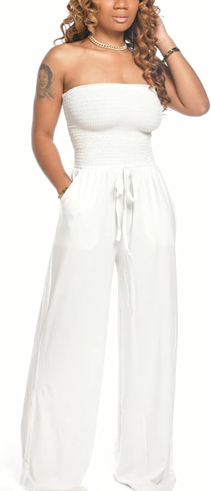 BFFBABY Women's Summer Casual Sleeveless Spaghetti Strap Wide Leg Jumpsuit Loose Tube Top Romper with Pockets