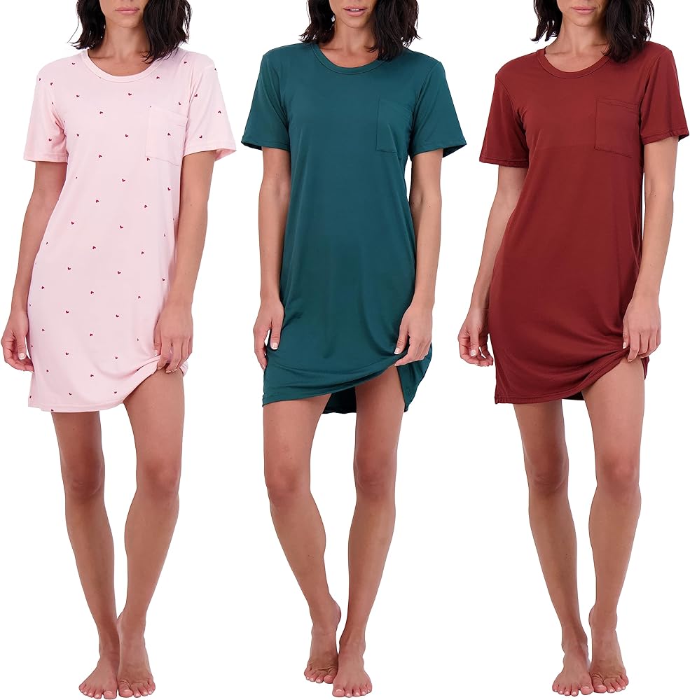 Real Essentials 3 Pack: Women's Nightshirt Short Sleeve Soft Nightgown Sleep Dress With Pocket (Available In Plus Size)