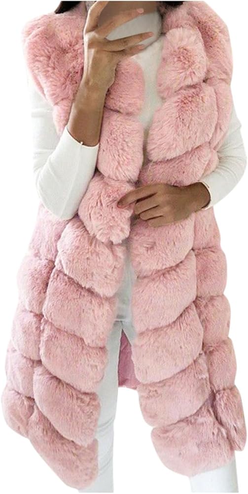 Womens Faux Fur Winter Coats Sleeveless Warm Jacket Sherpa Vest Plus Size Fuzzy Fleece Long Coat Outerwear with Pocket