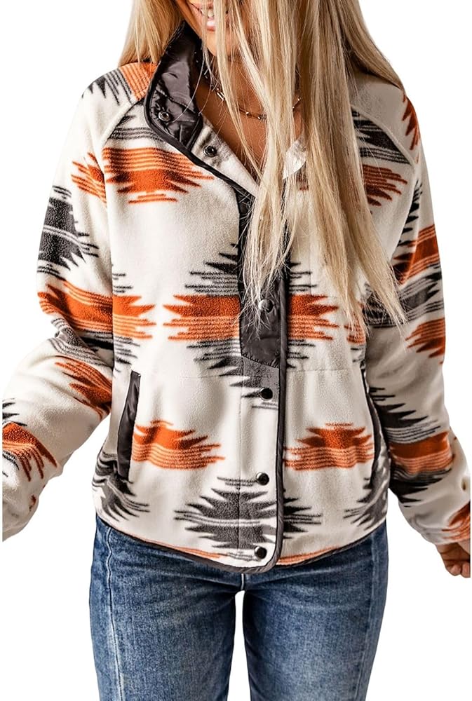 happlan Womens Fleece Jacket Western Aztec Print Sherpa Long Sleeve Snap Button Down Shacket Vest Jackets with Pockets