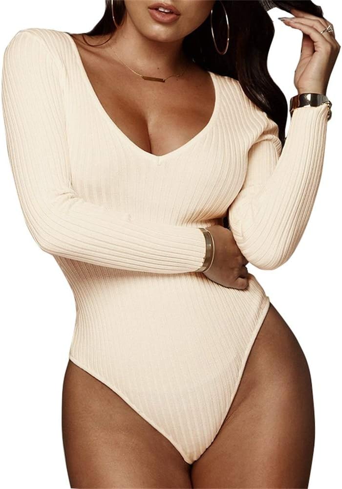 GEMBERA Women's Deep V Neck Long Sleeve Bodysuit Ribbed Knit Bodycon Basic Bodysuit Tops