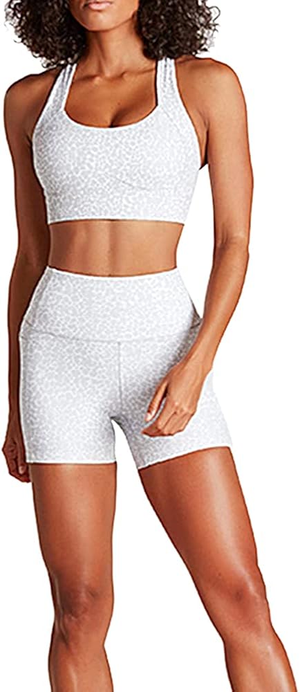 IWEMEK Women Workout Sets 2 Piece Athletic Leopard Print High Waist Running Biker Shorts and Sports Bra Set Gym Clothes Tracksuits Leopard White Small