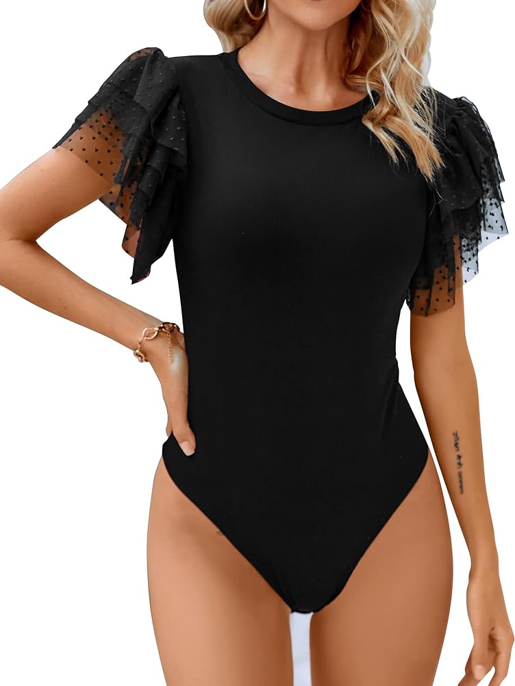 BMJL Womens Black Ribbed Slim Fit Bodysuits Layered Mesh Sleeve Body Suits Tops