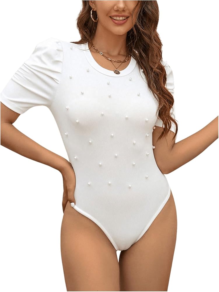 Women's Puff Short Sleeve Bodysuit Crew Neck Pearled Ruched Skinny Casual Bodysuits