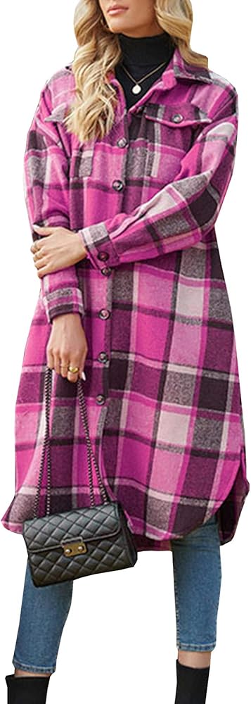 Ainangua Women's Casual Wool Blend Long Plaid Shirt Jacket Button Down Pocketed Shirt Shacket