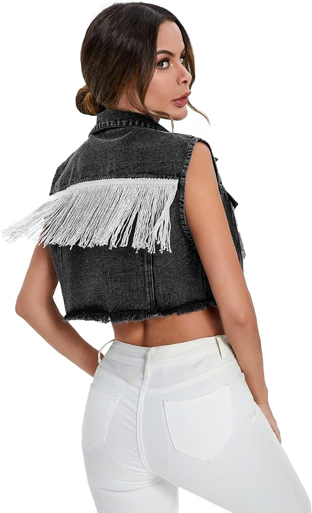 Verdusa Women's Fringe Raw Trim Sleeveless Denim Vest Jean Jacket Coat