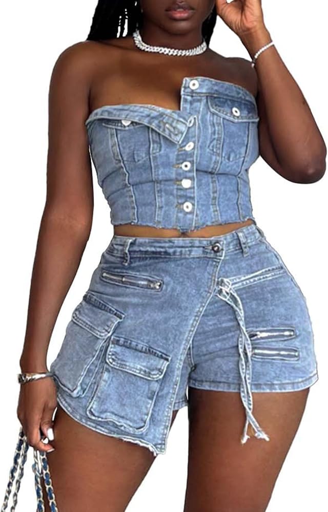 Molilove Women's Denim 2 Piece Outfits Button Tube Top and Cargo Shorts with Pockets Summer Sexy Jeans Shorts Set Tracksuits