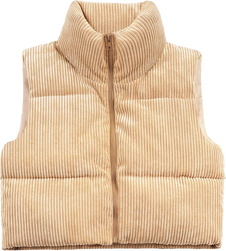 Women's Cropped Puffer Vest Winter Sleeveless Warm Outerwear Vests Lightweight Corduroy Coat with Invisible Pockets