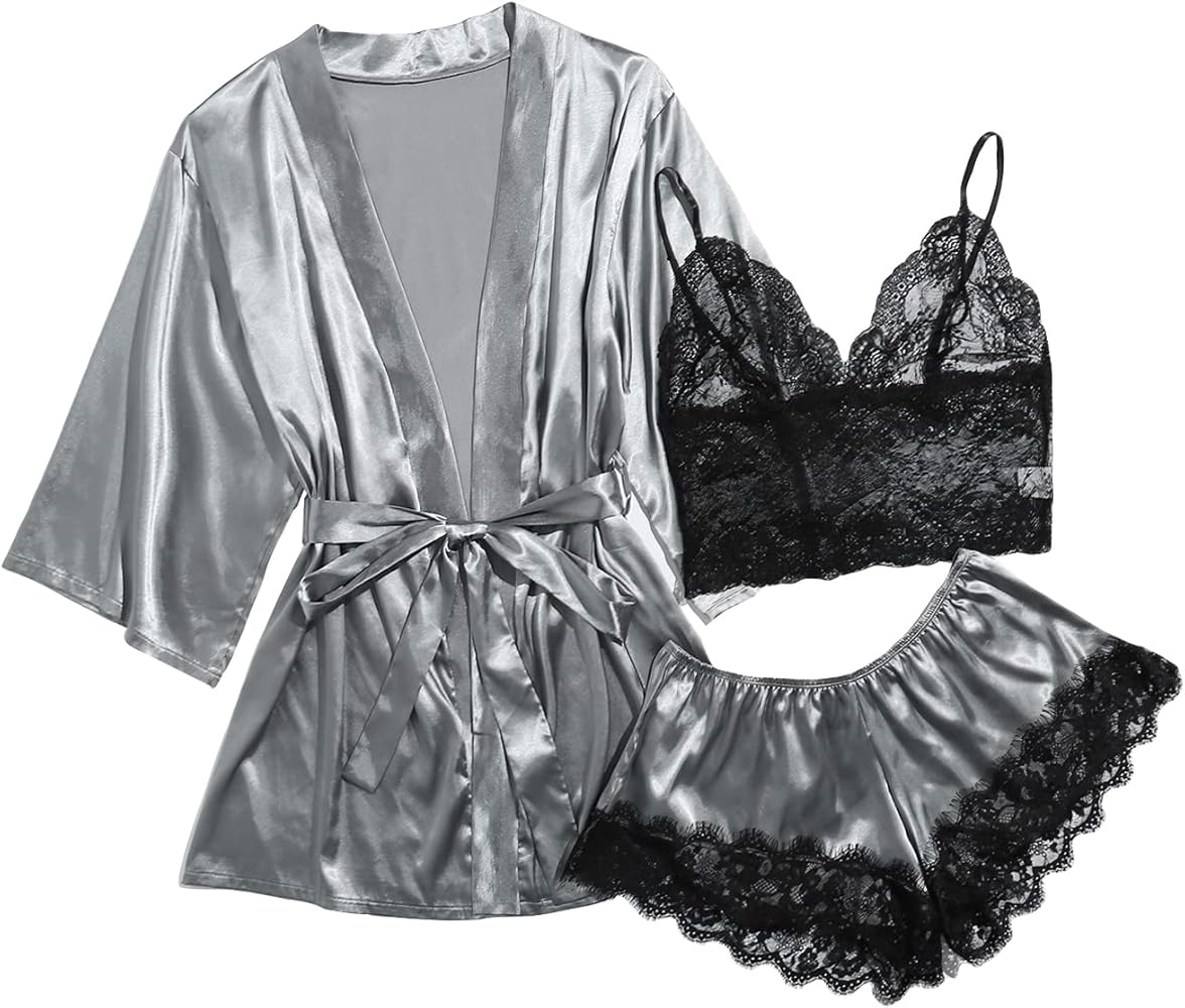 OYOANGLE Women's Satin 3 Pcs Pajama Set Lace Cami and Shorts Lingerie Sleepwear with Robe