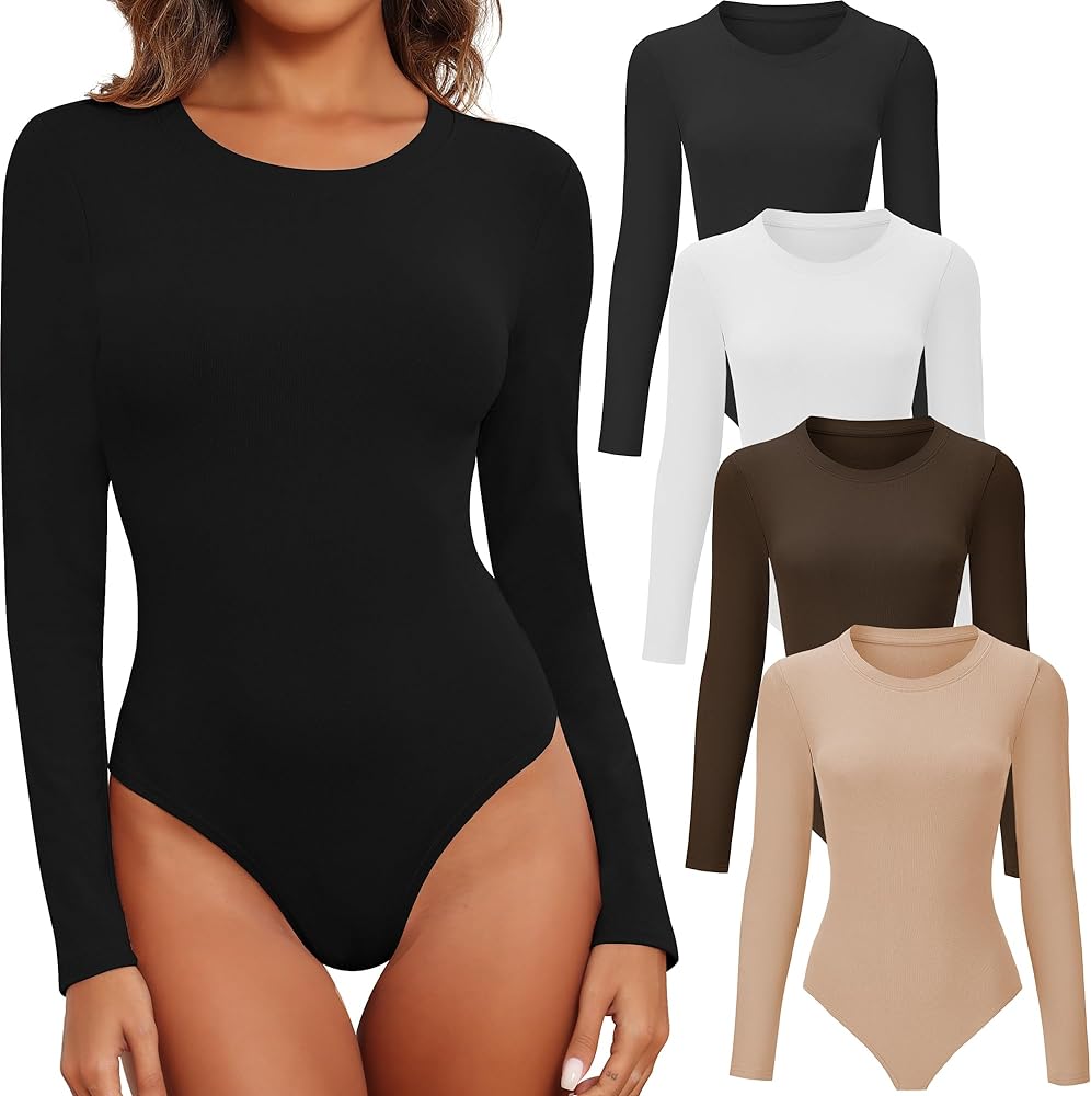 BALENNZ Womens Long Sleeve Bodysuit Round Neck Bodysuit Shirts for Women Crew Neck Body Suits Tops Fall Body Suit Pack