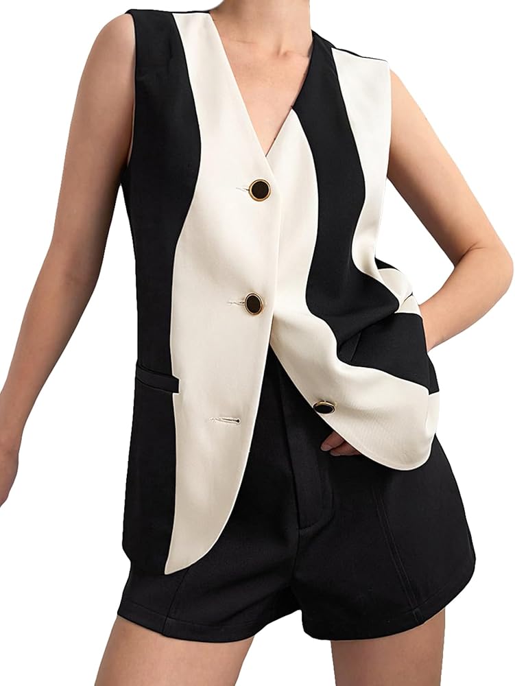 Verdusa Women's Colorblock Sleeveless V Neck Button Front Office Blazer Vest