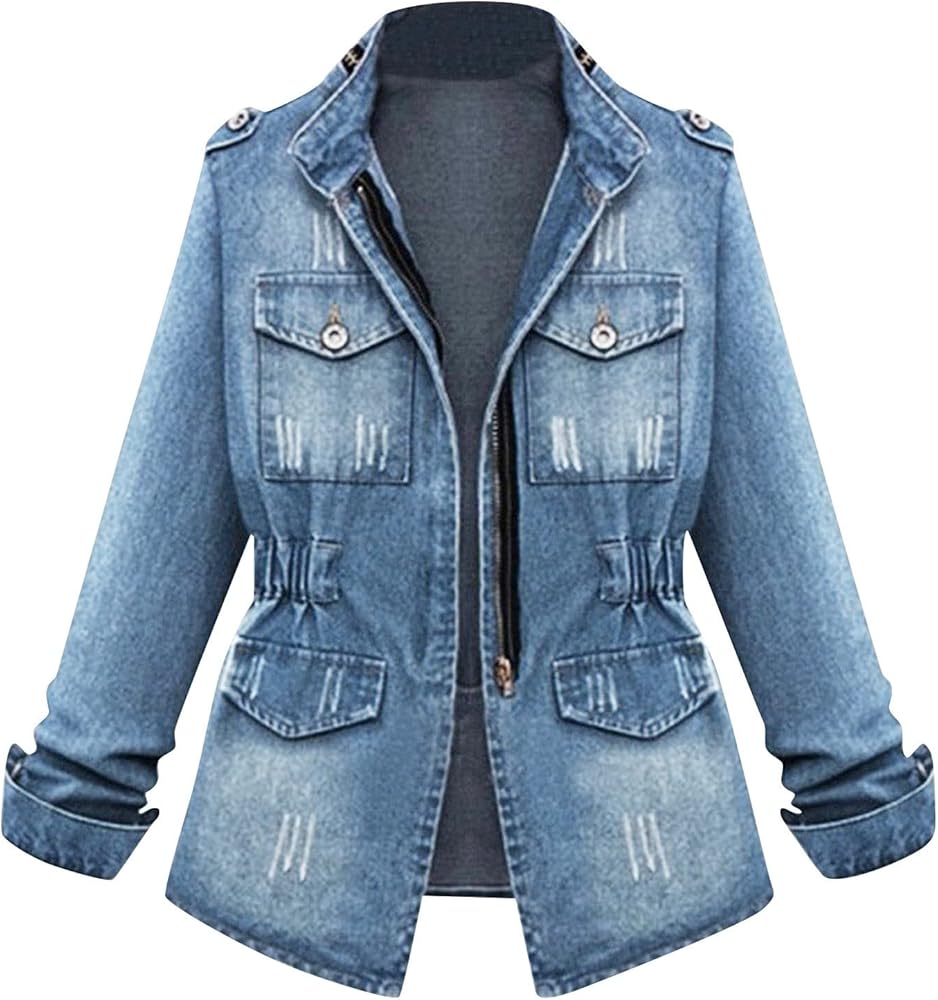 RMXEi Plus Size Casual Womens Ladies Denim Oversize Jeans Chain Jacket Pocket Coat